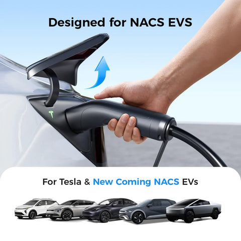 Badass Level 2 Tesla Charger With Nacs Link, 24 Amp Adjustable Power, plugs into a NACS EV with a hand grasping the charger.