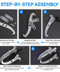 Step-by-step assembly of Three Piece Reversible Jaw Gear Extractor Set With 3, 4, 6 Inch Sizes showing parts and connection process.