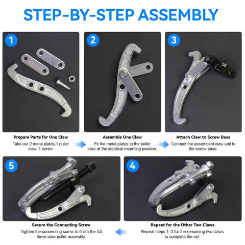 Step-by-step assembly of Three Piece Reversible Jaw Gear Extractor Set With 3, 4, 6 Inch Sizes showing parts and connection process.