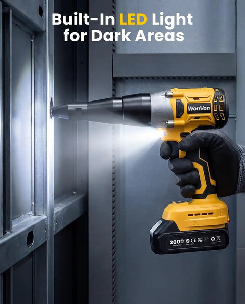 Cordless Rivet Gun Kit 20V Max Battery Brushless Workhorse Pop Rivet Tool with LED light in use on metal surface
