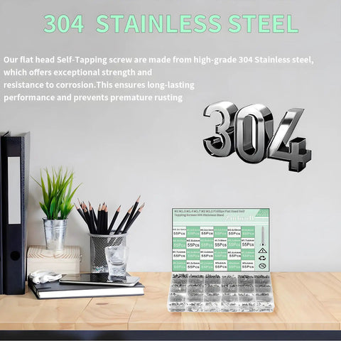 Image of Flat Head Self Tapping Screws Kit With 1320 Pieces In 304 Stainless Steel M1 To 2.2 Sizes on a desk next to plants