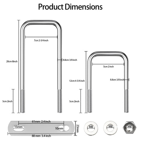 Stainless Steel Square Bend U Bolts Set With Nuts And Frame Plate For Boat Trailer Tube M10x70x200mm Heavy Duty sizes