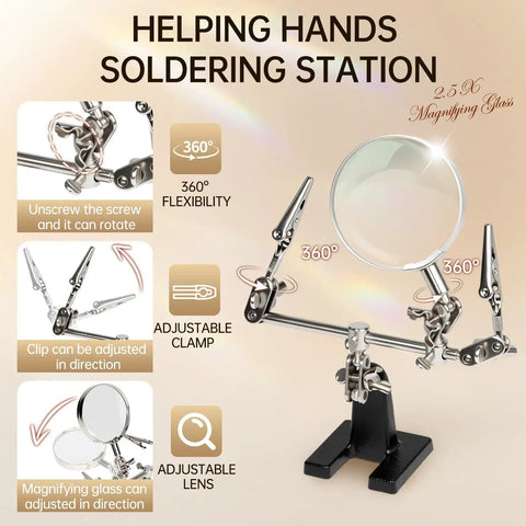 Hands Free Magnifier Station With 2.5X Glass Lens Dual Adjustable Alligator Clips On 4 Way Swivels Heavy Base for soldering and crafts