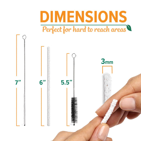 Heavy Duty Pipe Cleaners Tool Set 132 Hard Bristle Scrubbers Bulk Pack with 2 Nylon Bristle Brushes, dimensions shown