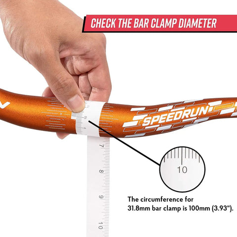 Speedrun Junior Mountain Bike Handlebar measurement with 31.8mm bar clamp diameter, showing 100mm circumference gauge.