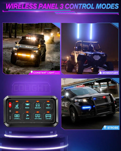 Image showing 8 Gang Wireless Switch Panel With Remote Control For Off Road Trucks SUVs UTV RV 165 Ft Range 5 Level Brightness.
