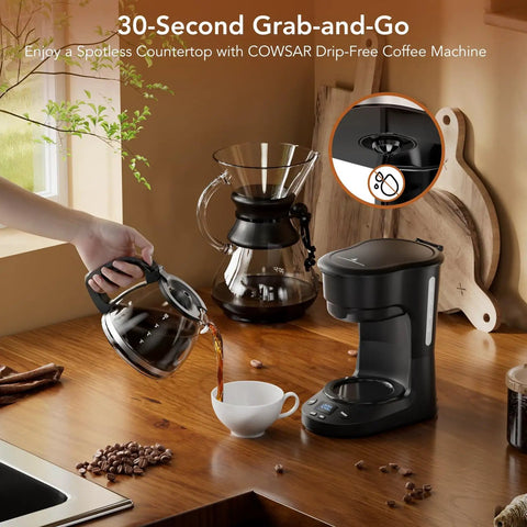 Compact 5 Cup Drip Coffee Maker With Programmable Timer, Two Hour Auto Power Off, Two Hour Keep Warm on kitchen counter