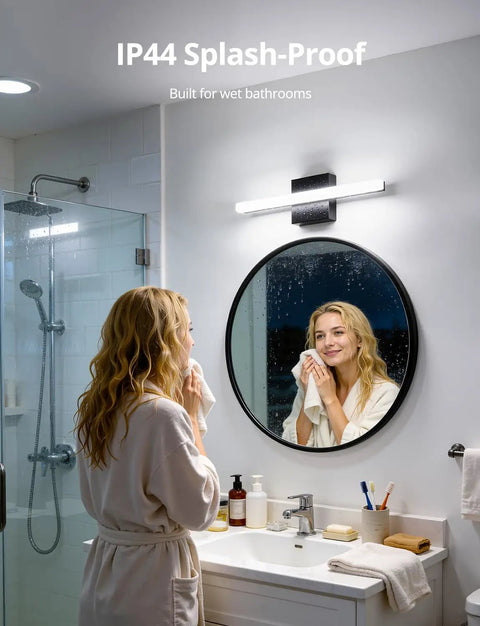 Woman using Slim 16 Inch LED Vanity Light Bar Over Mirror For Restroom IP44 Waterproof 9W Cool White 6000K Non Dimmable