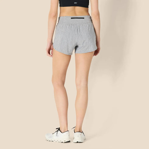 Rear view of Women's Regular Fit Athletic Woven Running Shorts With Ruched Waistband, Zip Pocket in Gray Heather, Size Medium.