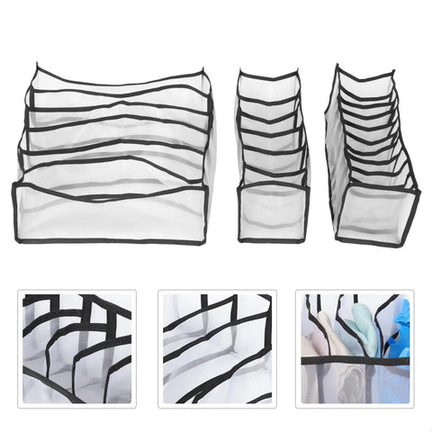 Three Pack Dope Underwear And Sock Storage Bins Made From Heavy Duty Nylon Grid Panels in various sizes for organized storage.