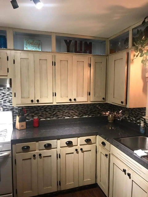 Kitchen with Gray Black Marble Soapstone Vinyl Countertop Wrap Peel And Stick Waterproof Backsplash Cover, beige cabinets
