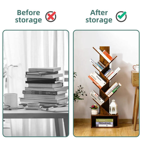 6 Shelf Retro Floor Standing Bookcase in Rustic Brown with books neatly organized compared to a disorganized stack on a table before use.