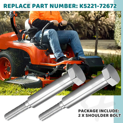 Beefy Shoulder Bolt Replacement For T GR G TG Series Lawn Tractors G2160 And Z Series Zero Turn Mowers ZD21 ZD25F ZD28 ZD28F 2 Pack K5221-72672 shown in package with zero turn mower