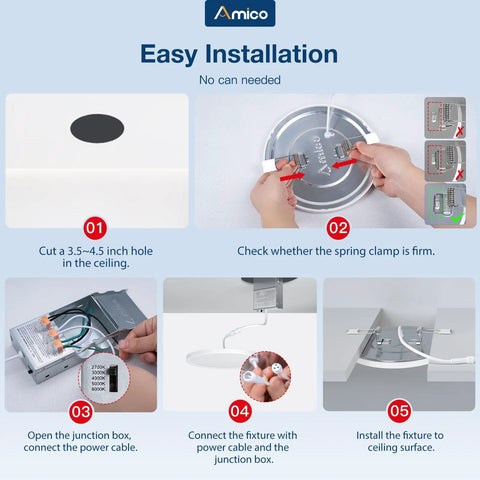12 Pack Slim LED Semi Recessed Canless Downlights Kit DIY Ready With Junction Box 5 Inch 5CCT Dimmable Easy Install Guide