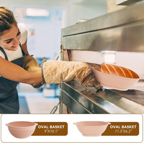 Woman placing bread in oven using 11 inch oval silicone banneton from All In One Sourdough Starter Kit For Home Bakers