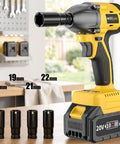 Heavy Duty Brushless Cordless Impact Wrench With 4 Amp Hour Battery Delivers Kickin 320 Foot Pounds Of Raw Torque For Quick Tire Swaps And Serious Auto Repair Jobs with battery and socket sizes visible.