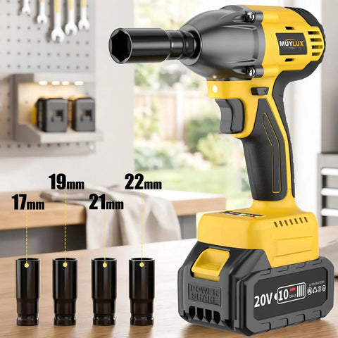 Heavy Duty Brushless Cordless Impact Wrench With 4 Amp Hour Battery Delivers Kickin 320 Foot Pounds Of Raw Torque For Quick Tire Swaps And Serious Auto Repair Jobs with battery and socket sizes visible.