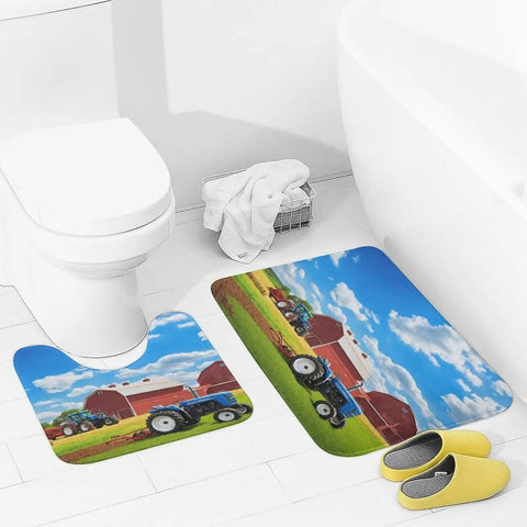 Farm Tractor Print Bath Rug Set 2 Piece Non Slip U Shaped Contour Toilet Mat And Plush Bath Mats Ultra Soft Absorbent Velvet Machine Washable