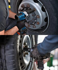 Using One And A Half Inch Deep Impact Socket Half Inch Drive Workhorse Chrome Moly Six Point Axle Nut Tool on a wheel.