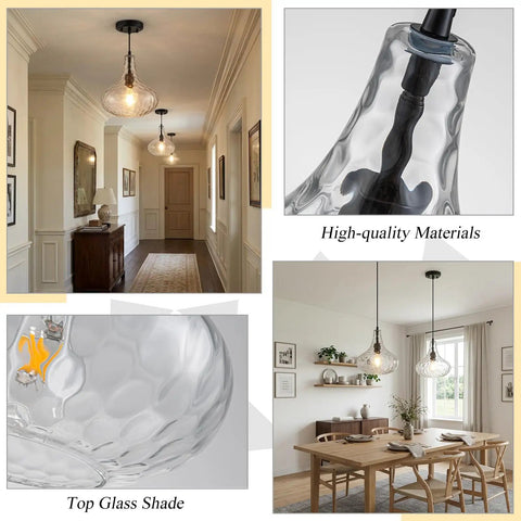 WILON 11" Hammered Glass Pendant Lights Kitchen Island Black in a hallway with clear glass shade and black base.
