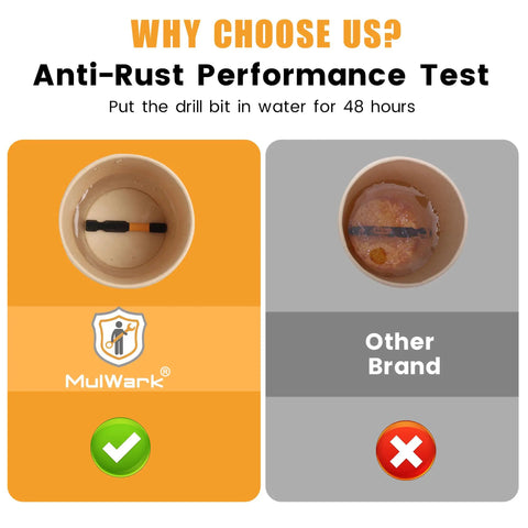 Anti-rust performance test comparing Heavy Duty 2 Inch Security Torx Bits Set S2 steel visibility in water.