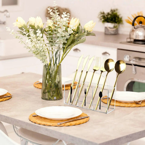 Clear Acrylic Cutlery Organizer With Three Compartments Transparent Silverware Caddy on set dining table