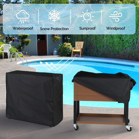 80 Quart Rolling Ice Chest On Wheels With Waterproof Cooler Cover For Outdoor Patio Deck Parties Beverages Rolling Cooler Cart Perfect For Backyard Barbecues Keeps Drinks Cold Up To 48 Hours Brown Finish displayed covered and uncovered by a pool.