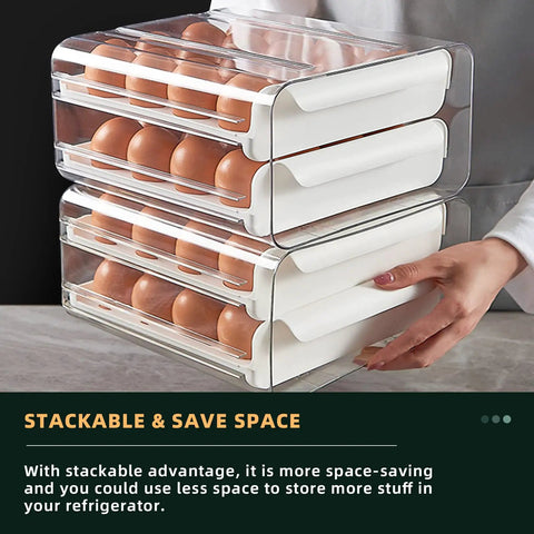 Stacked 32 Grid Double Layer Egg Holder For Fridge, Clear White Organizer Tray With Drawer Design, Sturdy Construction