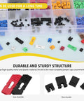 300Pcs Jumper Cap Kit 2.54mm 2.0mm 1.27mm Mixed Colors Open And Closed Caps displayed in storage box with examples