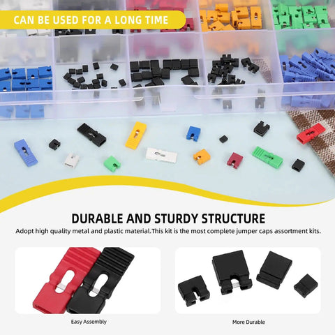 300Pcs Jumper Cap Kit 2.54mm 2.0mm 1.27mm Mixed Colors Open And Closed Caps displayed in storage box with examples
