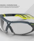 HexArmor VS450G safety glasses with removable TPE gasket, clear lenses, gray frame and neon yellow accents, front view