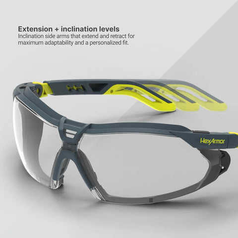 HexArmor VS450G safety glasses with removable TPE gasket, clear lenses, gray frame and neon yellow accents, front view