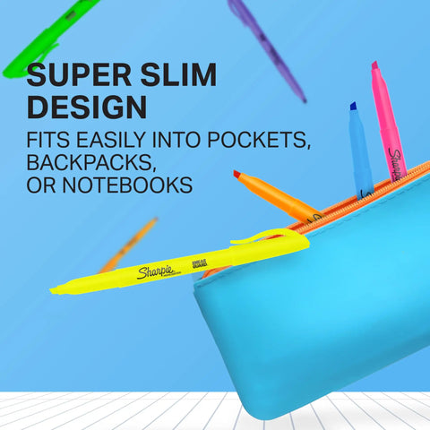 Super Slim Pocket Highlighters With Chisel Tip in assorted colors, 24 count, fitting in a blue pouch for school and office use.