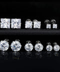 Snag These Fresh Flat Back Earrings Made From Light As Air Titanium Surgical Steel With Diamond Like Cubic Zirconia In Classic Round And Square Styles White Gold Plated Hypoallergenic Multiple Piercing Stud Set Truly Built For All Day Vibes - Set of 6 cubic zirconia stud earrings in round and square styles, various sizes.