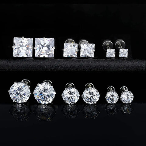 Snag These Fresh Flat Back Earrings Made From Light As Air Titanium Surgical Steel With Diamond Like Cubic Zirconia In Classic Round And Square Styles White Gold Plated Hypoallergenic Multiple Piercing Stud Set Truly Built For All Day Vibes - Set of 6 cubic zirconia stud earrings in round and square styles, various sizes.