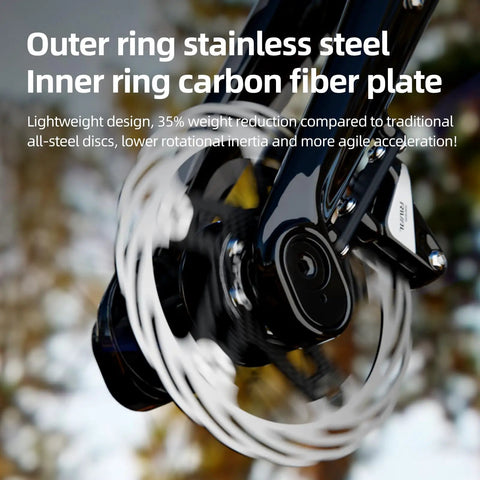Close-up of 2 Pack 160mm Floating Bike Disc Brake Rotors with 6x2 bolts, carbon fiber inner ring, mounted on a bicycle wheel.