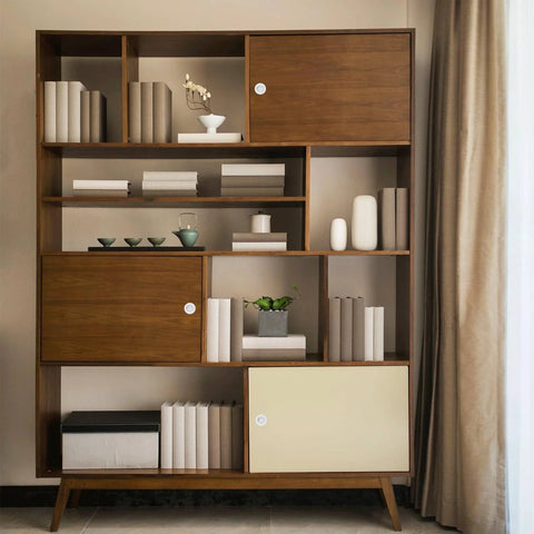Wooden bookshelf with recessed cabinet pulls featuring 2 Inch Round White Flush Door Pulls Stainless Steel Finger Handles and decor items