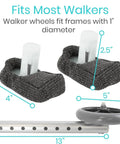 Heavy Duty Walker Wheels And Ski Glides Conversion Kit Built Like A Tank For Smooth Folding Mobility Rollers featuring black felt pads and a 5" wheel.