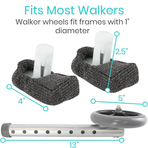 Heavy Duty Walker Wheels And Ski Glides Conversion Kit Built Like A Tank For Smooth Folding Mobility Rollers featuring black felt pads and a 5" wheel.