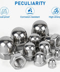 Hella Tough 107 Pieces 304 Stainless Steel Acorn Cap Nut Assortment Pack showing various sizes of corrosion-resistant nuts.