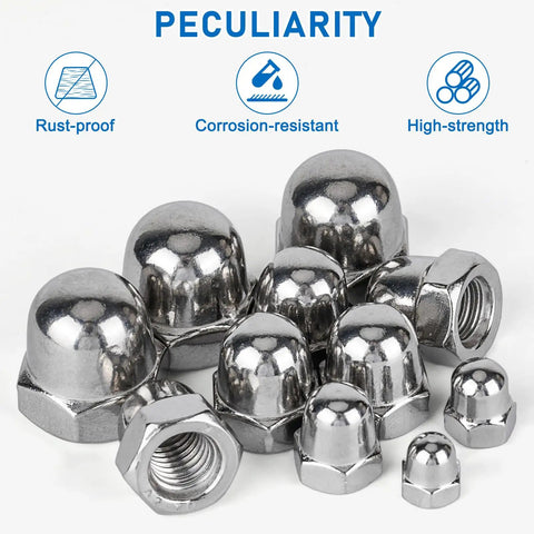 Hella Tough 107 Pieces 304 Stainless Steel Acorn Cap Nut Assortment Pack showing various sizes of corrosion-resistant nuts.