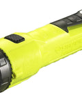 Dualie 3AA 245 Lumen Magnetic Intrinsically Safe Industrial Flashlight With Spot Flood Beam Hands Free Magnet Clip IP67 18 Hour Run Time No Batteries Included Yellow, side view showcasing design and buttons.
