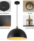 Dope Retro Industrial Dome Pendant Light In Matte Black With Gold Interior, 15.74 Inch Wide Ceiling Pendant With Brass Lampholders