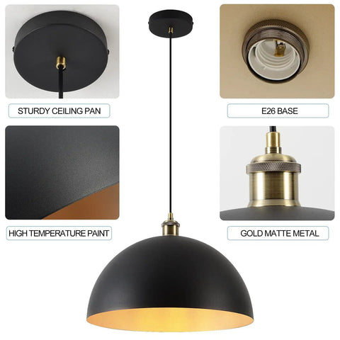 Dope Retro Industrial Dome Pendant Light In Matte Black With Gold Interior, 15.74 Inch Wide Ceiling Pendant With Brass Lampholders
