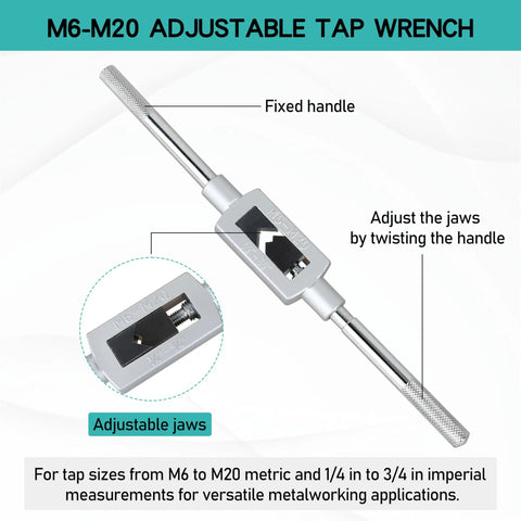 Adjustable Tap Wrench M6 To M20 For 1/4 To 3/4 Inch Taps Heavy Duty Metalworking Tool with steel handle and adjustable jaws