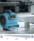 Heavy Duty Air Mover Floor Drying Fan That Cuts Cleanup Time In Half With 2000 CFM Of Snappy Power, showing adjustable speed controls.