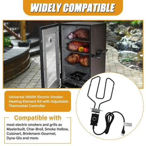 1650W Universal Electric Smoker Heating Element With Adjustable Thermostat Controller diagram and in-use view in smoker