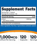 Supplement facts label for Lithium Orotate Supplement 1000mcg Per Serving 120 Capsules Vegan Gluten Free GMO Free Natural Trace Mineral Support