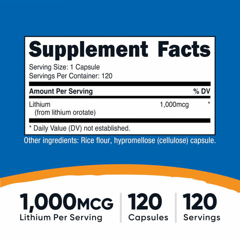 Supplement facts label for Lithium Orotate Supplement 1000mcg Per Serving 120 Capsules Vegan Gluten Free GMO Free Natural Trace Mineral Support