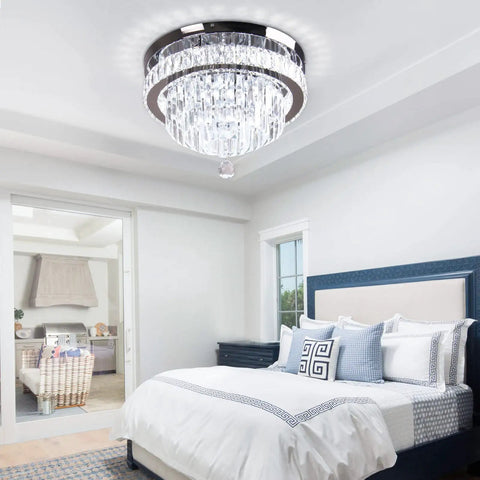 Bedroom with 16 Inch Sleek Modern Crystal Chandelier Chrome Flush Mount Ceiling Light Fixture With Five Tiers Led For Dining Room